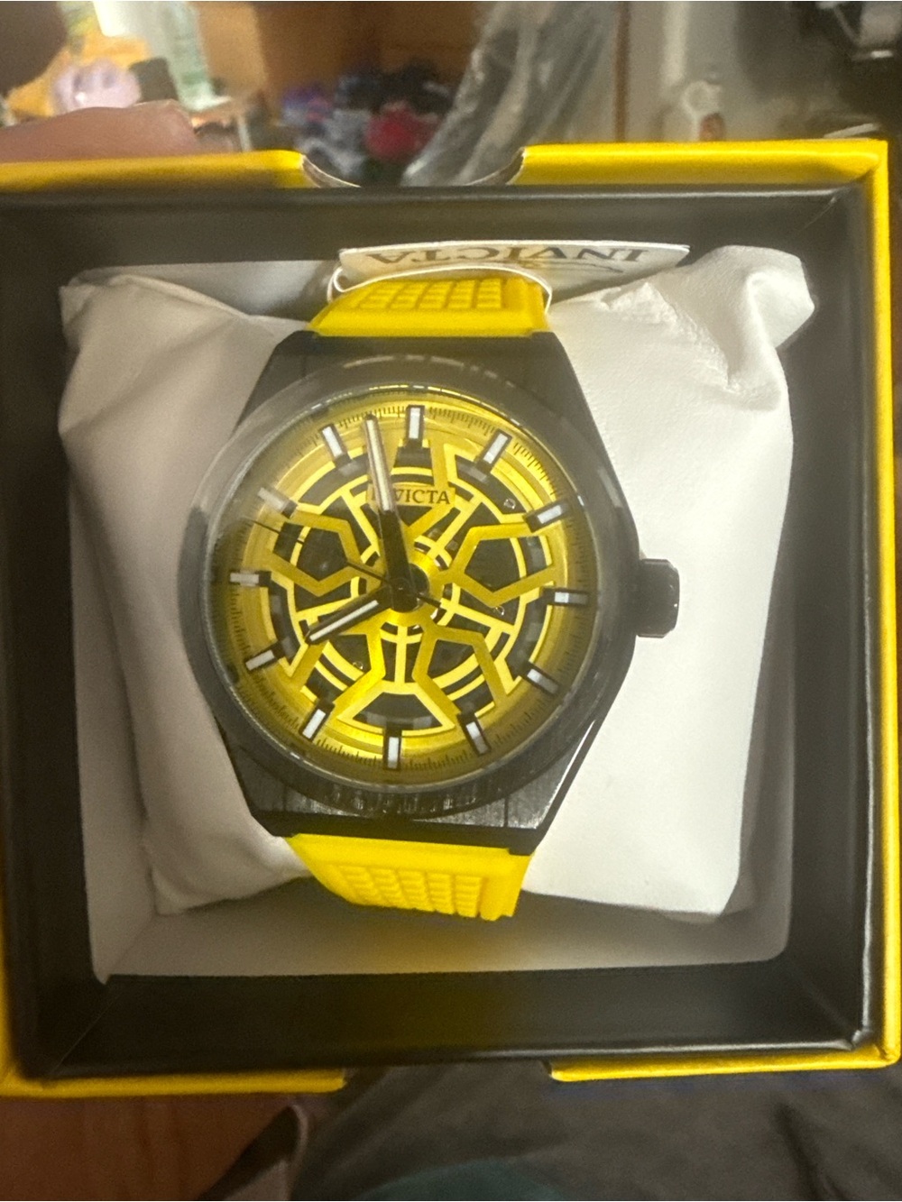 Invicta Yellow and Black Geometric Dial Silicone Strap Watch